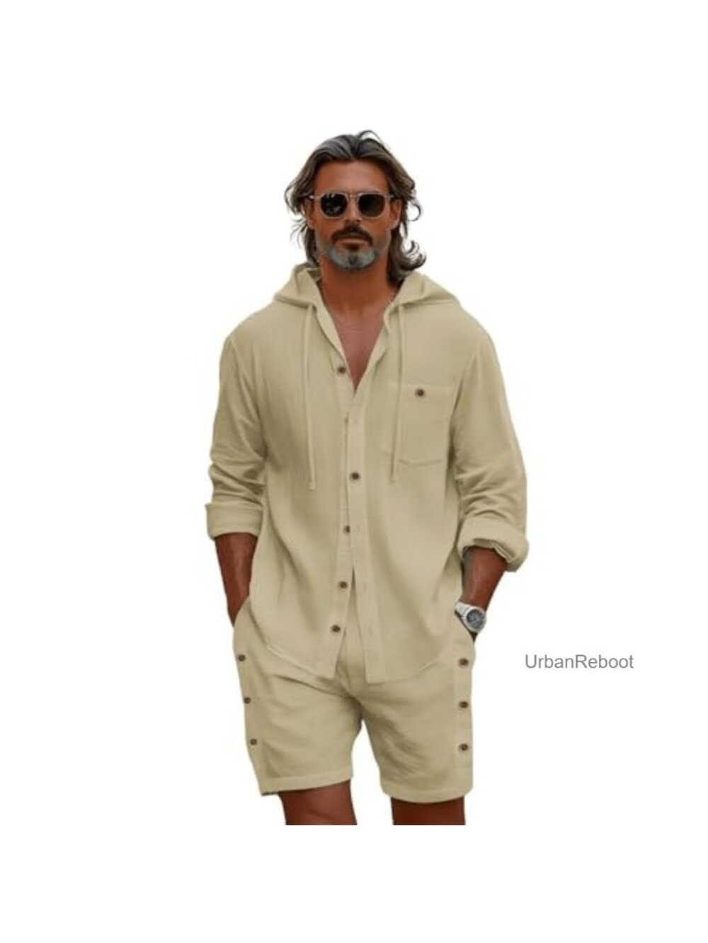 Men's 2 Piece Linen Blend Outfit Long Sleeve Shirt & Shorts Set Beach Vacation